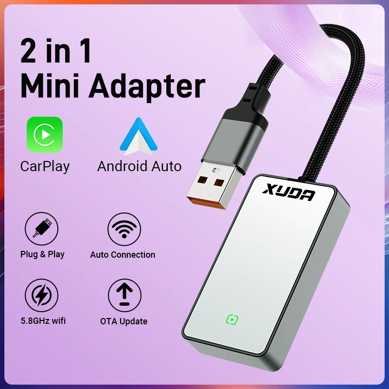 Wireless carplay adapter Wireless audio adapter Wired to wireless 2 In1 Carplay&Android Auto adapter Glass rearview mirror Mini AI box USB/C Type Plug & Play For OEM car