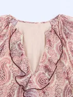 2025 Women Summer MIDI Dress Vintage Print Chiffon V-Neck Cascading Ruffle Long Sleeve Female Elegant Street Dresses Clothing - Image 3