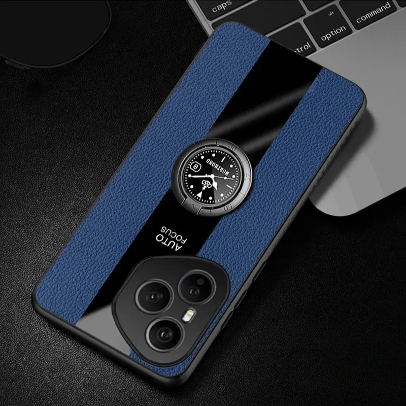 Premium PU Leather Magnetic Ring Holder Phone Case with Silicone Matte Bumper