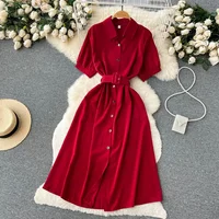 Summer Vintage Green/Blue/Red Turn-Down Collar Single Breasted Dress Casual Short Sleeve High Waist A-Line Midi Robe New Fashion - Image 6