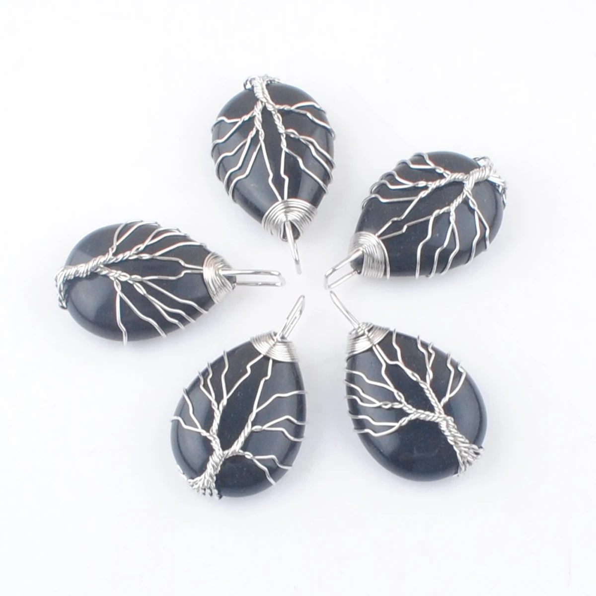 

Black Natural Obsidian Stone Pendants Teardrop Tree of Life Wire Wrap Charms Jewelry 5Pcs TN4214