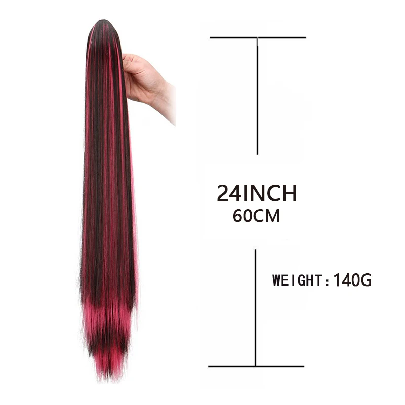 Synthetic 24Inch Long Straight Ponytail Hair Extension Claw Clip Brown Hightlights Vibrant Blue  Red Hairpiece for Women