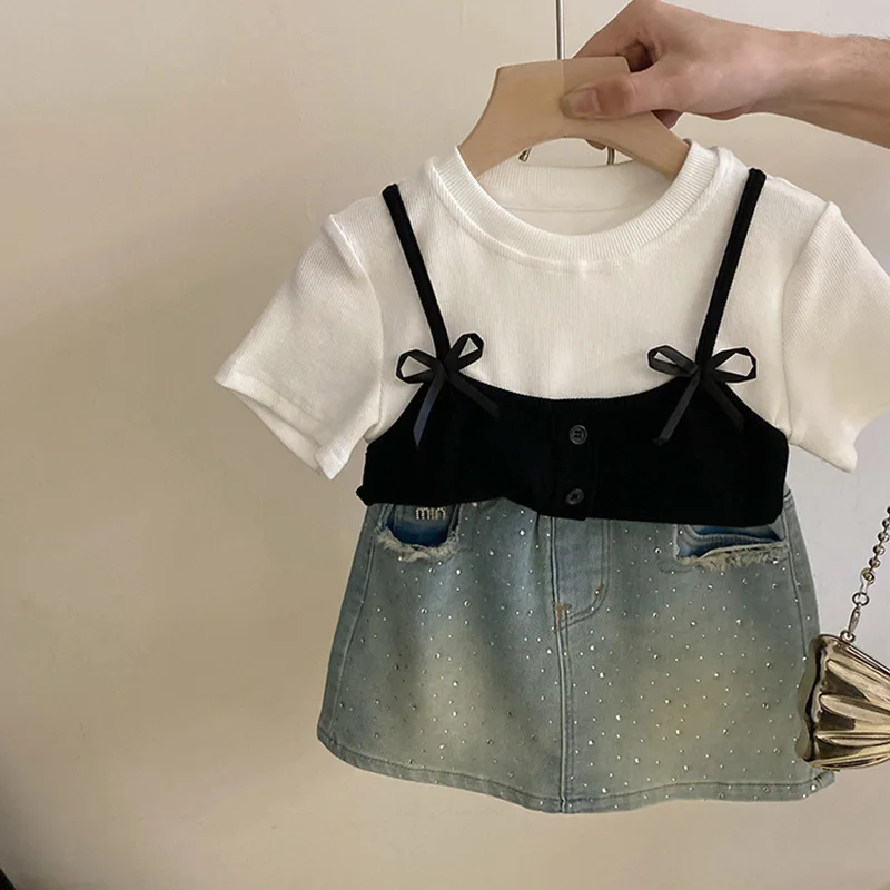 

Skirts Simple Summer New Bow Knot Splicing Tops Cowboy Tide 2024 Childrens Clothing Round Collar Solid Fashion Sweet