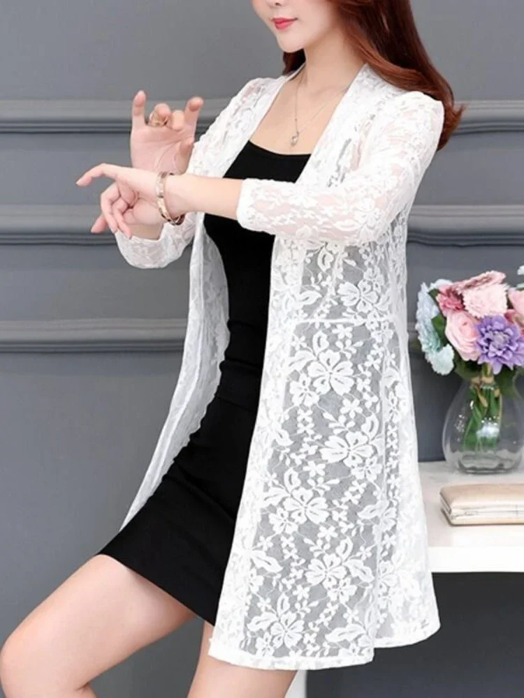 여성용 레이스 가디건 긴 할로우 자외선 차단 재킷, 캐주얼 핑크, 블랙, 레드, 화이트, 긴팔, 얇은 코트, Y932, 여름