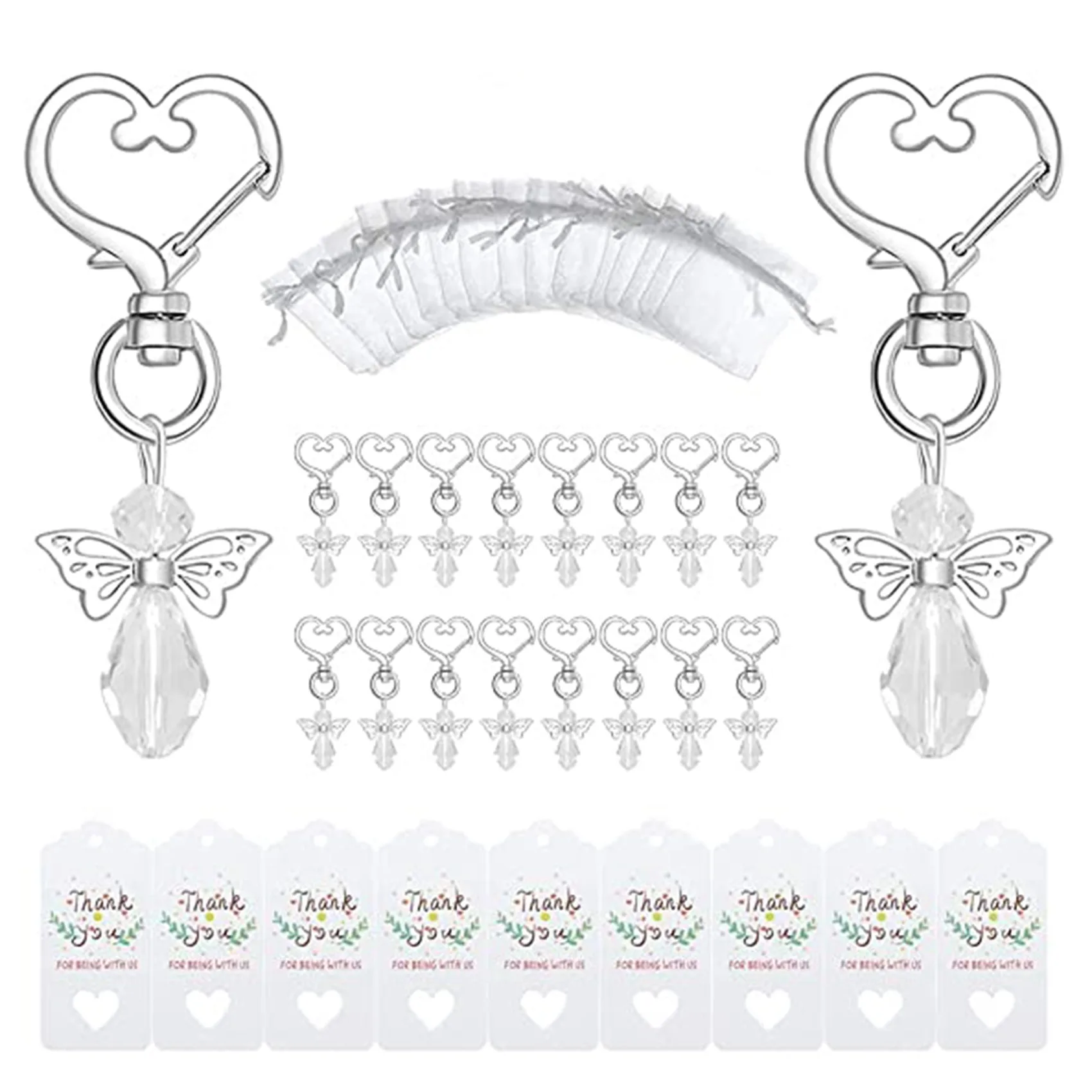 

40 Sets Crystal Butterfly with Heart-Shape Keychain Wedding Favor Set Organza Gift Bags and Thank You Tags