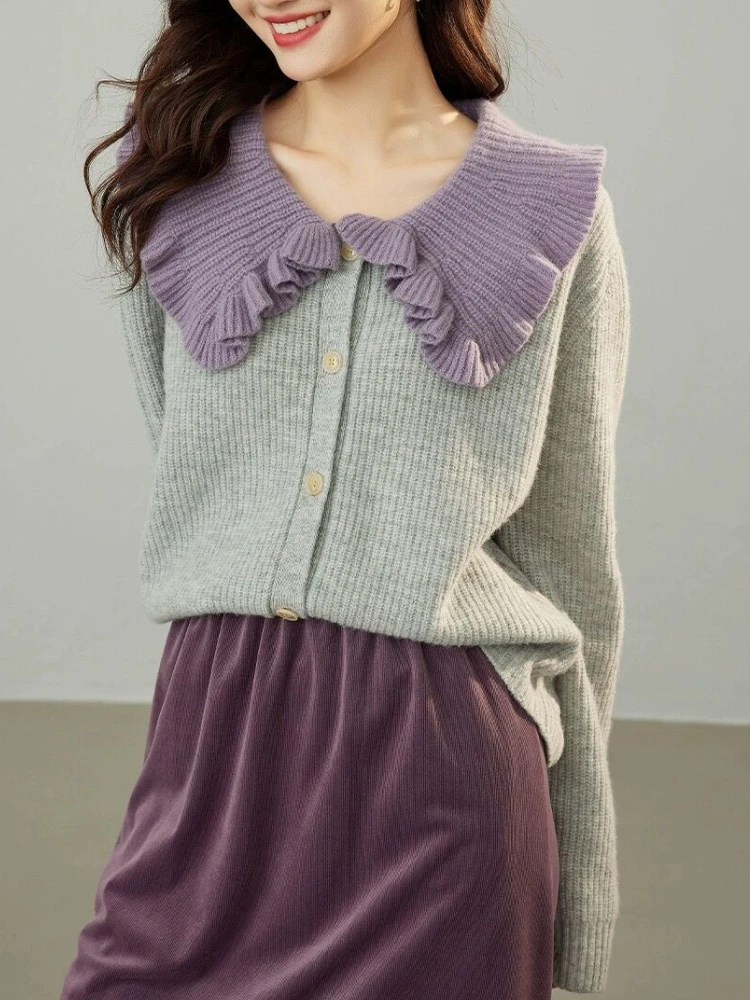 

Grey Knitted Cardigan Wooden Ear Edge Doll Collar Thickening Cardigan Women Casual Versatile Korean Style Warm Slim Sweater Coat