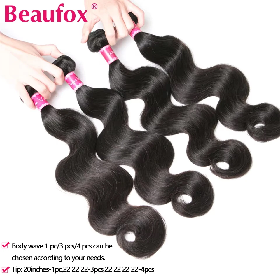 Beaufox Body Wave Bundles Brazilian Hair Weave Bundles 1/3/4 PCS Human Hair Bundles Natural /Jet Black 8-30"Remy Hair Extensions 3