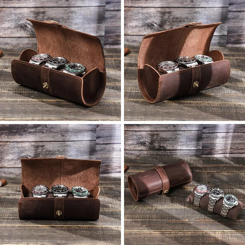 Travel Portable Genuine Leather Watch Roll 3 Slot Watch Case Box Gift Box Display Storage Organizers Customizable Logo