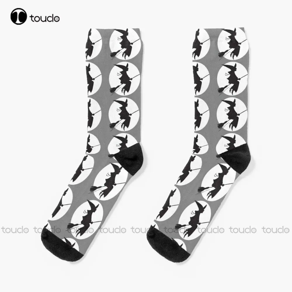 

Halloween Witch Flying In Full Moon Silhouette Socks Black Baseball Socks Christmas New Year Gift Custom Gift Streetwear Funny