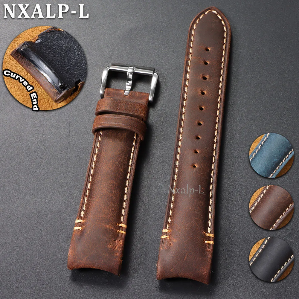 Premium Curved End Leather Watch Band - Handmade Oil Wax Cowhide with High-Quality Stitching (20mm/22mm)