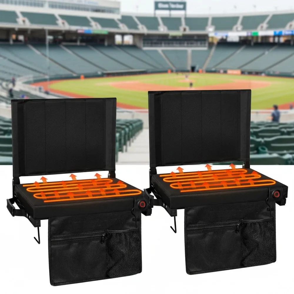2 Pack Heated Stadium Seats with Back Support, Portable Folding Bleacher Chairs with Shoulder Strap for Outdoor Events