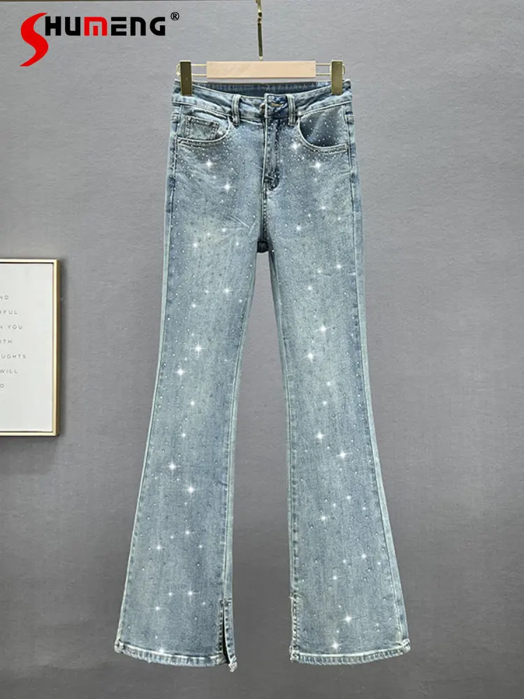 moda-feminina-strass-flare-jeans-2023-primavera-nova-streetwear-feminino-cintura-alta-magro-elastico-algodao-denim-bootcut-calcas