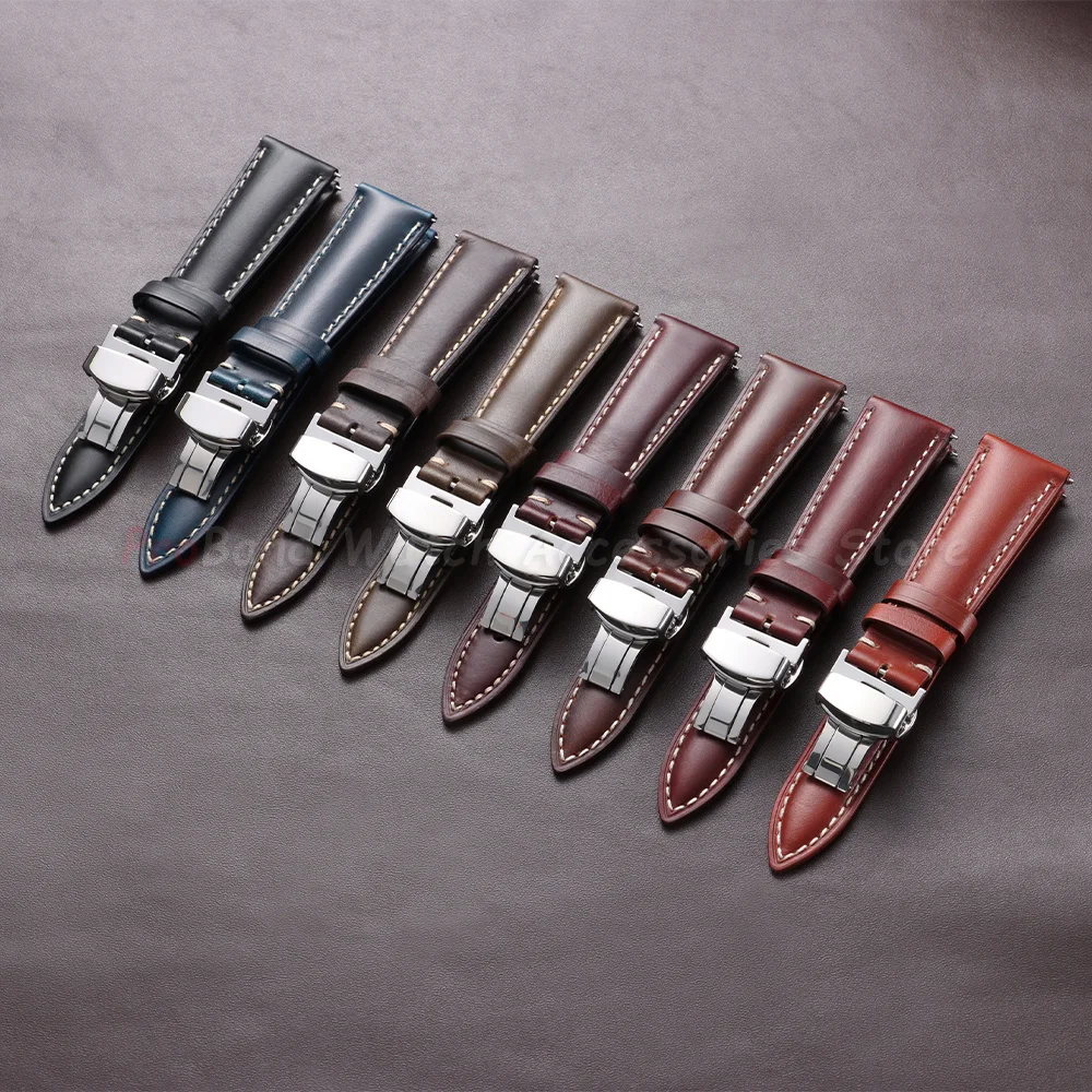 Vintage Brown Oil Wax Leather Watch Strap with Butterfly Buckle - Men's Accessory