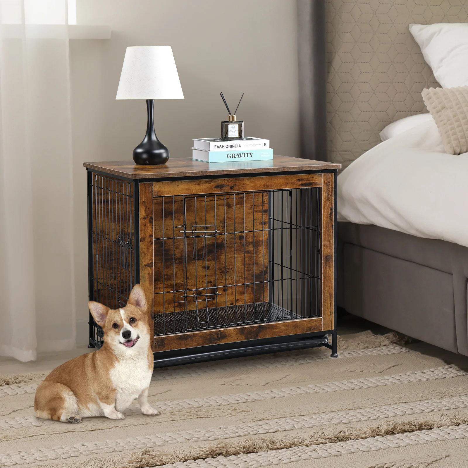 Dog&Cat Crate Furniture with Cushion, Wooden Dog Crate Table, Double Doors cat Furniture, Indoor cat Kennel, Dog House, Cage