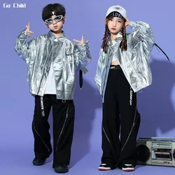 Hip Hop Boys Silver Jacket Girls Jazz Sequin Coat Street Dance Zipper Loose Pants Clothes Sets Kids Costumes Children Streetwear