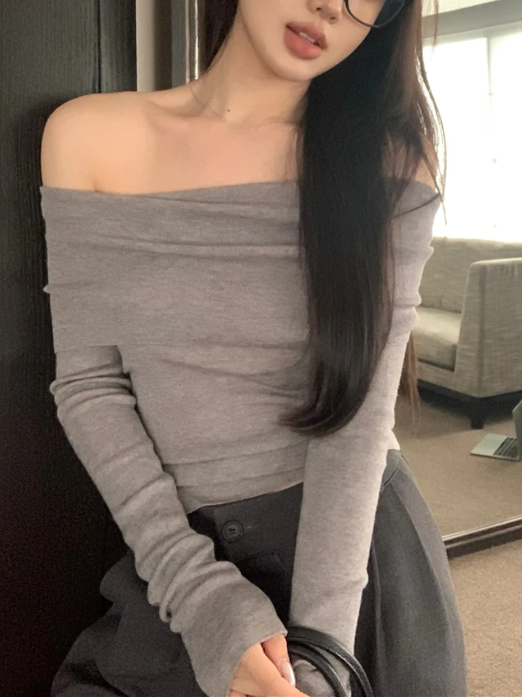 

Autumn Knitted Sexy Party Slim Pullovers Women French Vintage Solid Elegant Tops Female Korean Off Shoulder Casual Clothing 2023
