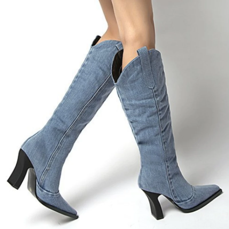 

Western Cowboy Knee High Boots Women Autumn Personality Denim Blue Chunky Heel Pointed Toe Knight Long Boot Lady High Heel Shoes