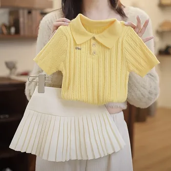 Set di abbigliamento estivo per bambina, nuovo stile principessa, top lavorato a maglia a maniche corte + gonna a pieghe, set due pezzi.