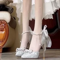 Silver High Heels Women's Thin Heel Two-Way Wedding Dress Evening Gown Shoes Hollow Crystal Bridal Shoes for Maids And Brides