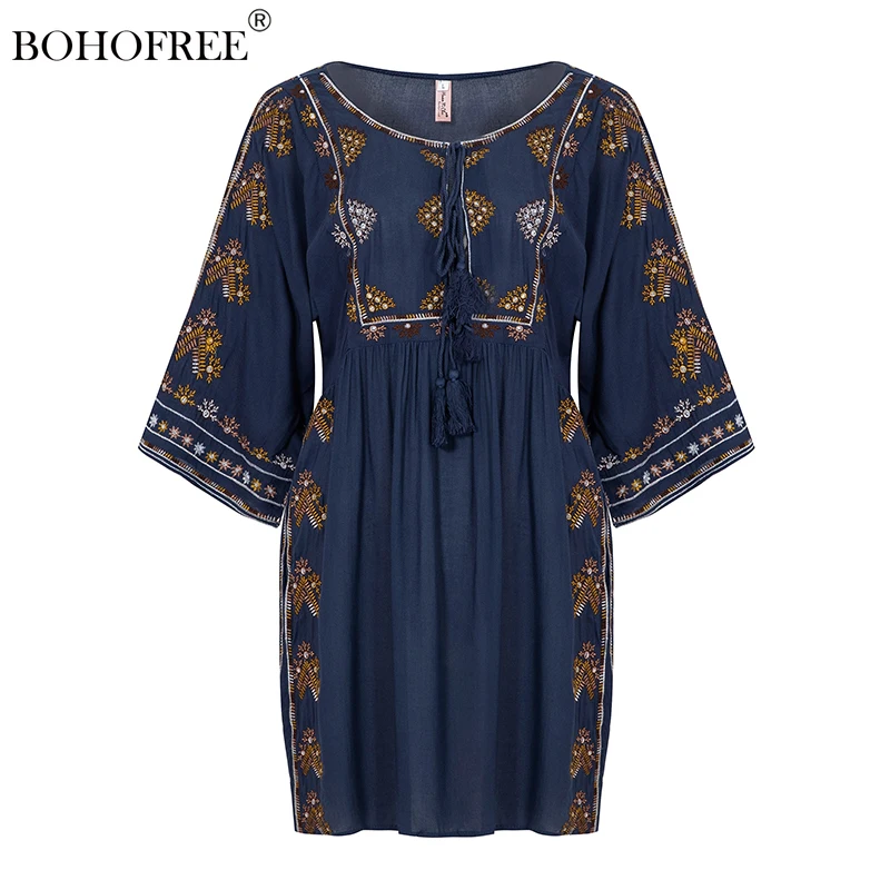 

Vintage Chic Floral Embroidery Dress Tie Neck V-neck 3/4 Sleeve Plain Bohemian Vestidos Casual Women Indie Folk Vestidos Robe