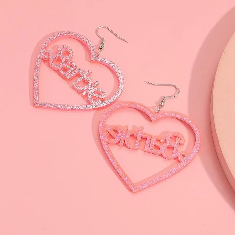 Kawaii Barbie Spring Print Letter Heart Hollow Acrylic Pink Glitter  Earrings Accessories Jewelry Fashion Versatile Girls Gift