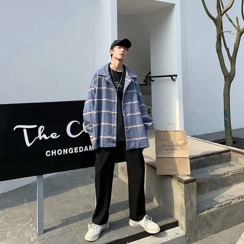 Plaid Woolen Men Coat Trench Spring Autumn Wool Jackets Male Korean Chic England Streetwear Ins Casual Handsome Graceful Coats