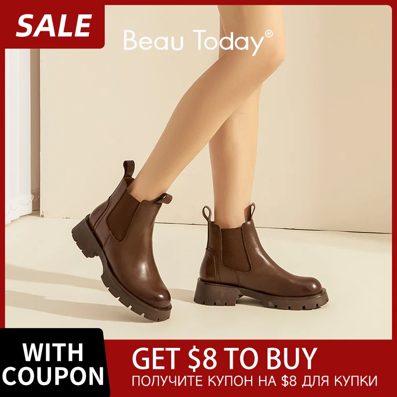 

Chelsea Boots Women Genuine Cow Leather Round Toe Elastic Band Female Platform Fashion Shoes Handmade 05322F