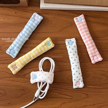 ผ้า Bowknot Grid Data Cable Tie INS ผ้าสายไฟ, น่ารักนํากลับมาใช้ใหม่สายรัดสําหรับหูฟัง/สายข้อมูล 1