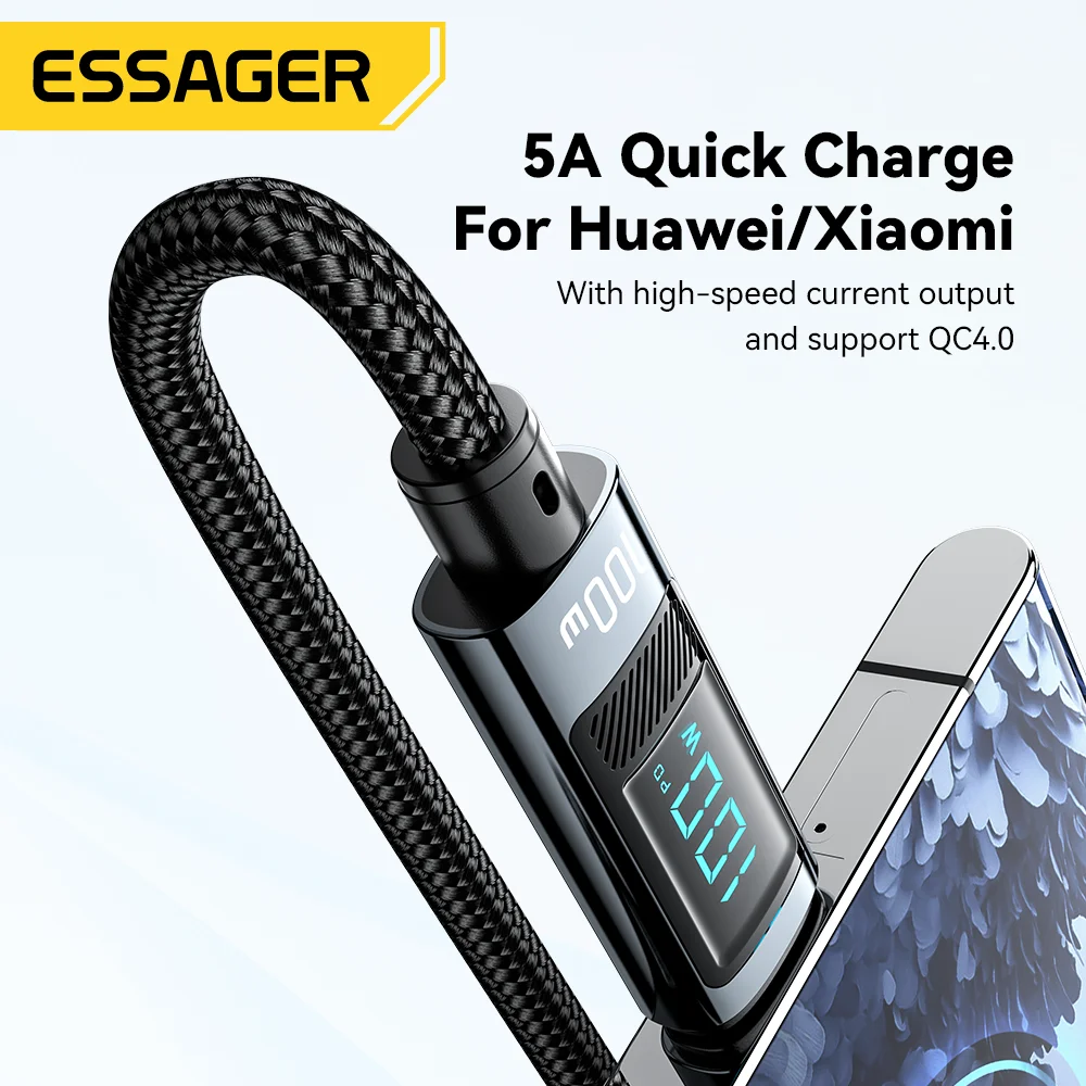 Essager 100W USB Type C Cable 90 ° LED Digital Display Cable 5A PD Fast Charging For iPhone 16 15 Huawei Xiaomi Samsung MacBook