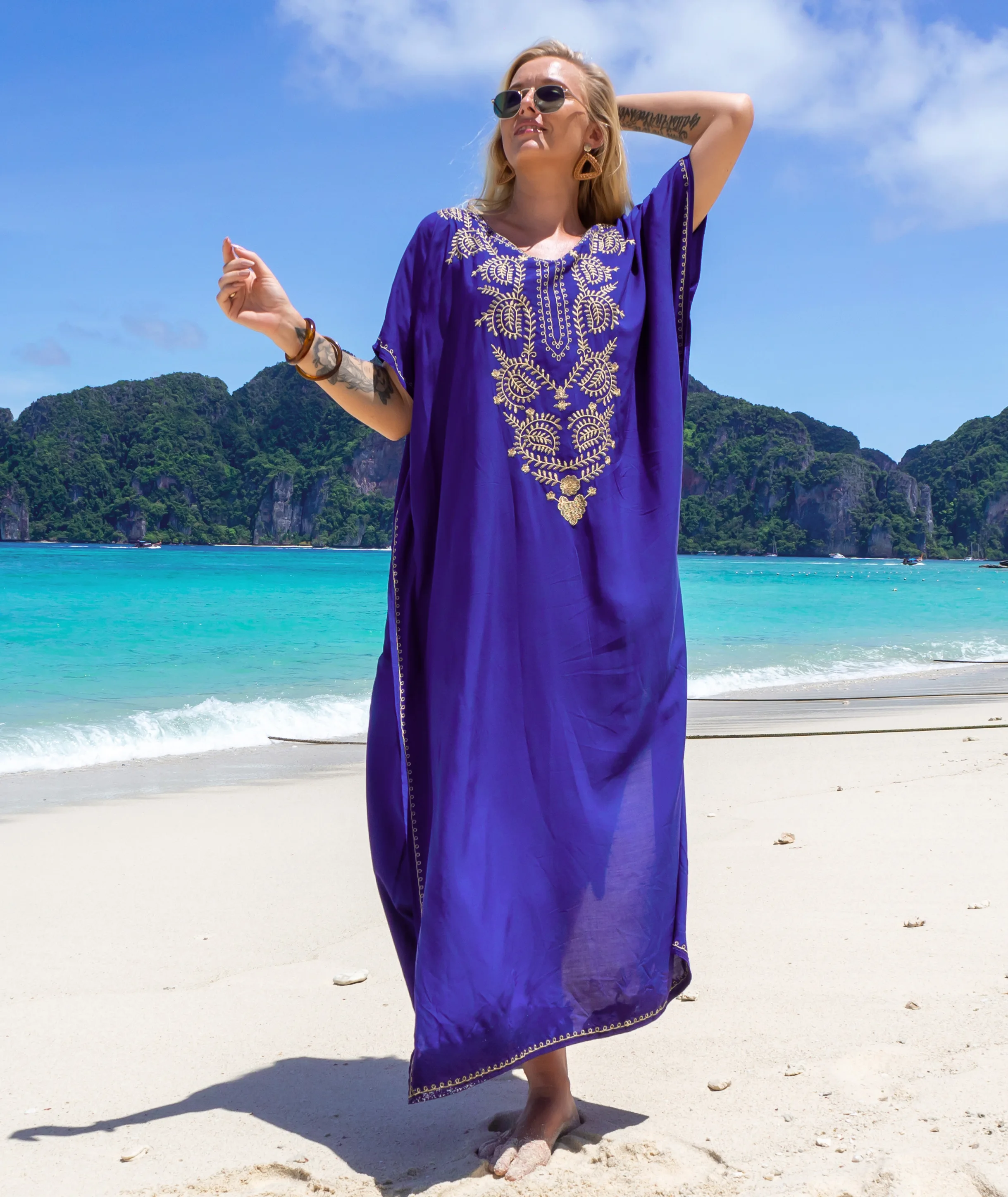 Caftano Lungo Donna Spiaggia - Vestito Copricostume Floreale In Rayon - Boho Chic - Foto 3