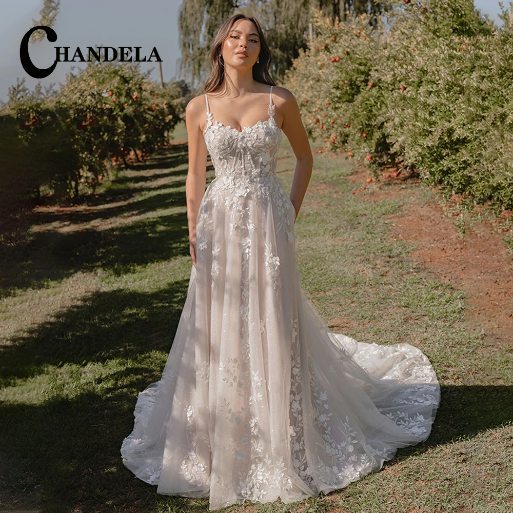 

CHANDELA Elegant A Line Wedding Dresses Appliques Lace Spaghetti Strap Pleat Court Train Custom Made Vestido De Casamento