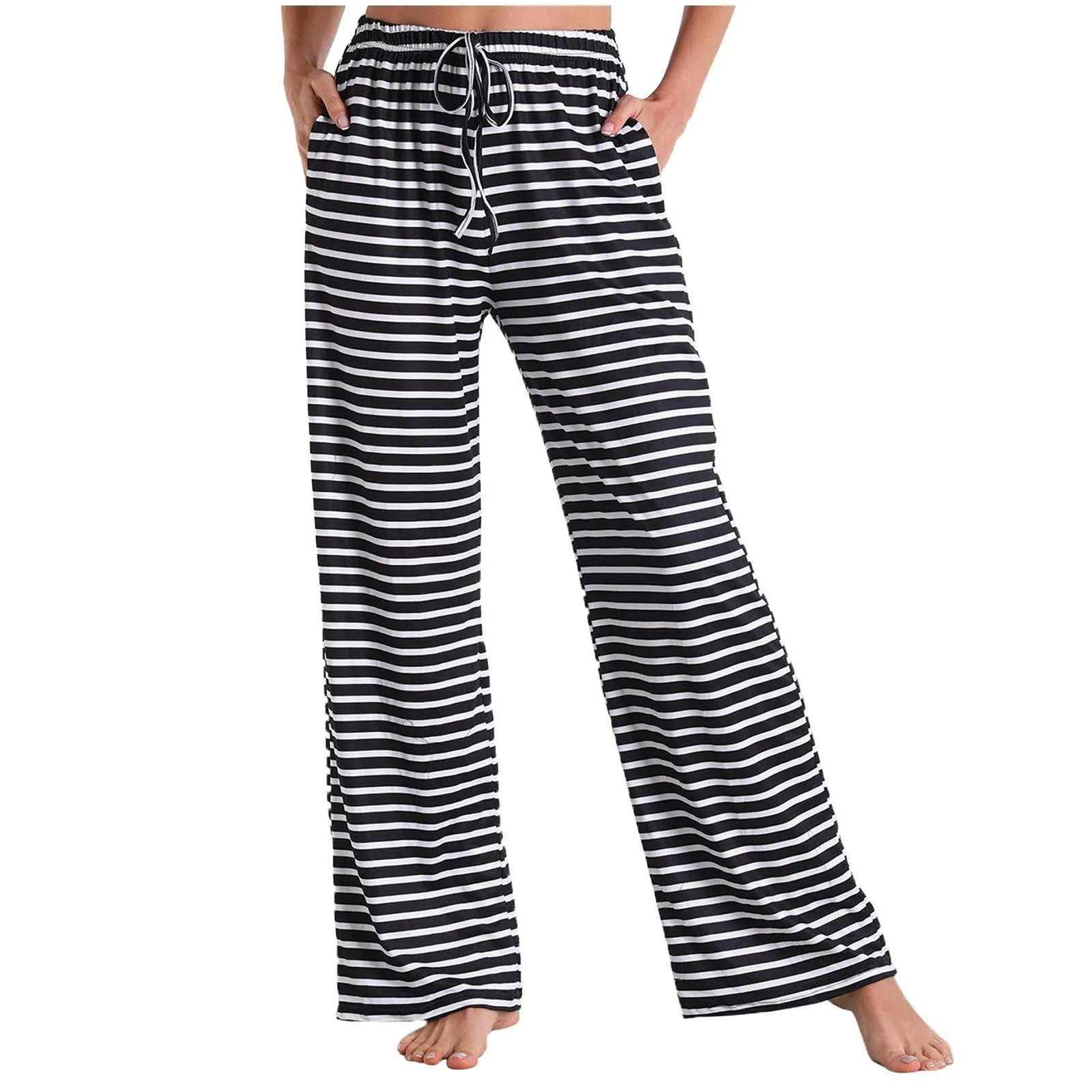 

Women Black Stripe Wide Leg Pant Home Pajamas Soft Slip Summer Pants Drawstring Big Size Casual Long Pants Comfy Sleep Bottom