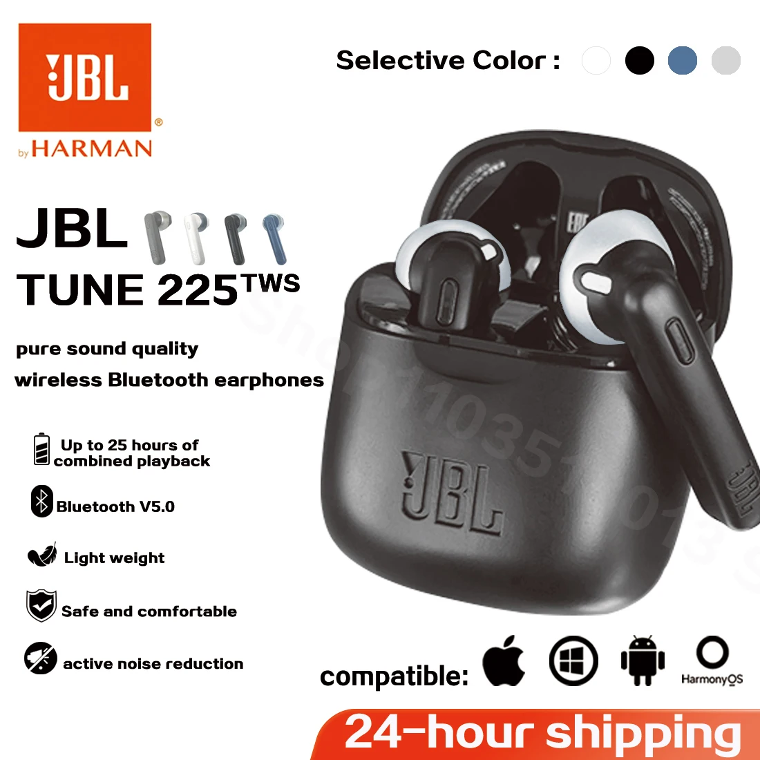 Оригинальные беспроводные Bluetooth-наушники JBL TUNE 225TWS, водонепроницаемые стереонаушники с басами, наушники, гарнитура с микрофоном