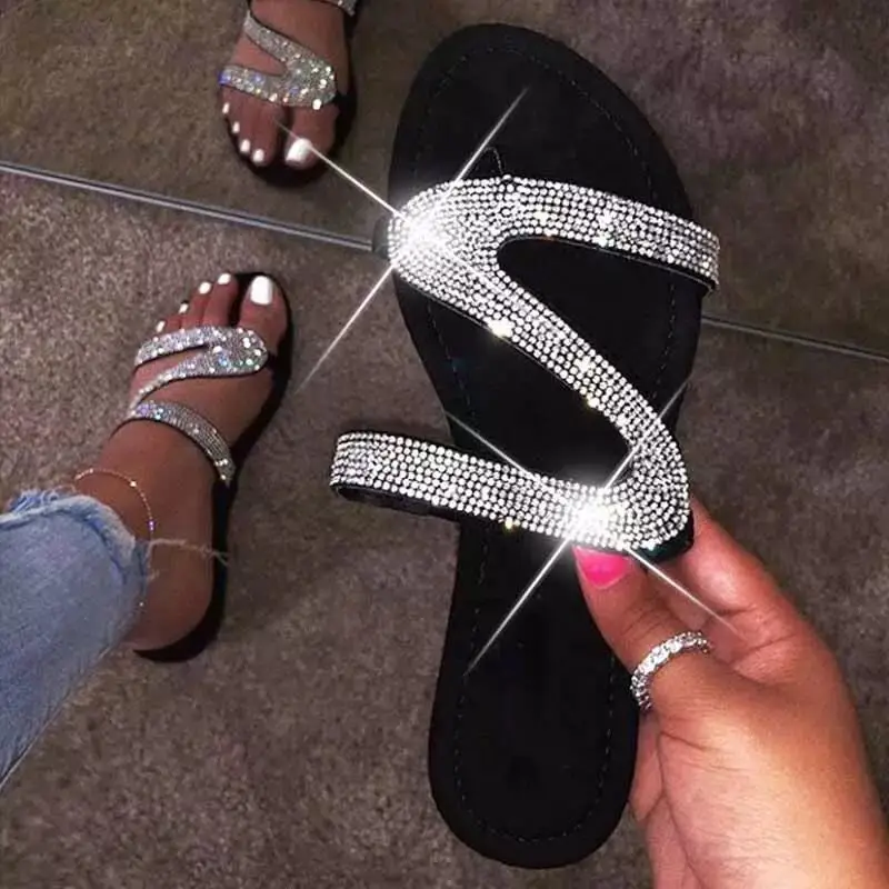 Sexy Women Sandals， Summer Beach Shallow Mouth Rhinestones Ladies Fashion Show Comfortable Light Shoes Sandalias Femininas — view 5