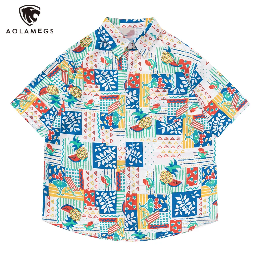 

Men's Colorblock Cartoon Graffiti Short Sleeve Shirt High Street Lapel Hawaiian Shirts Single Breasted Button Loose Beach Shirts