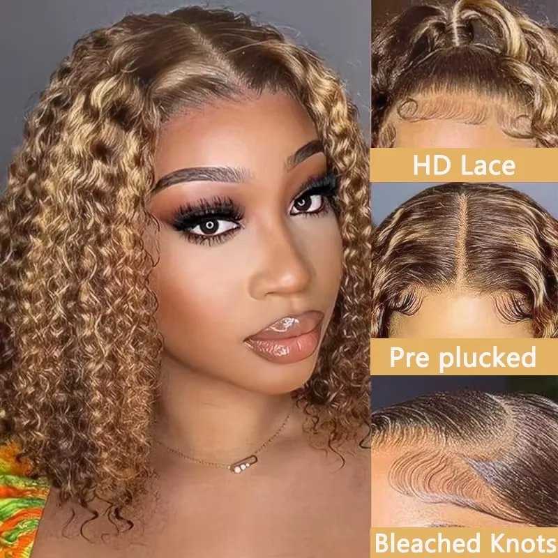 10 14 Inch Curly Short Bob Wig Highlight 4/27 Honey Blonde Human Hair 5x5 Glueless Wig Deep Wave For Women Virgin Human Hair 3