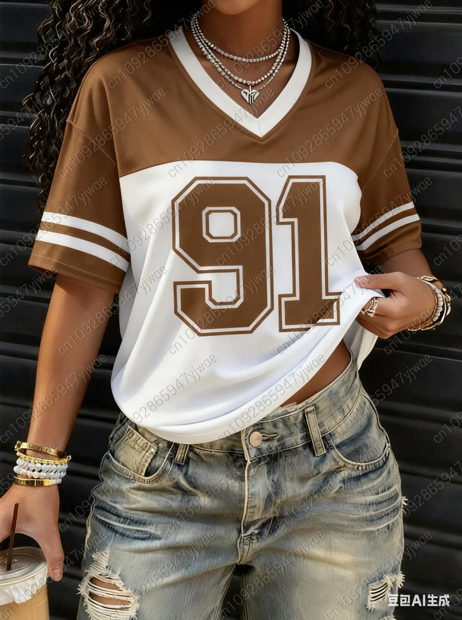 2025 American style Women BUMBER 91 Print Lightweight Breathable V-Neck Short Sleeved baseball T-Shirt Women Jersey T-Shirt 2
