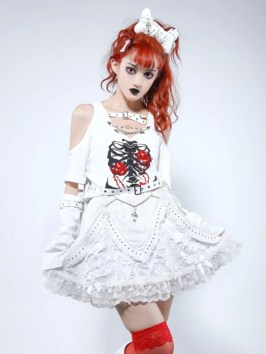 Blood Supply Harajuku Mini Cake Skirt White Gothic Summer Ball Gown Lace Patch Cross Halloween Punk Kawaii Cute Skirts