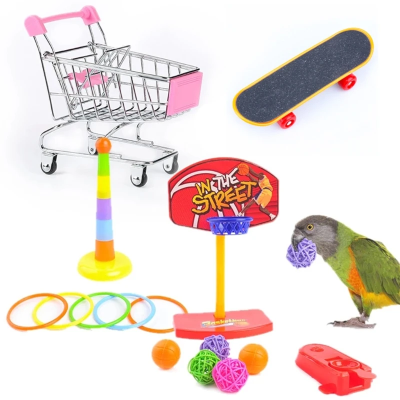 Bird Toys 4 Types Parrot Toy Set Include Basketball Toy Skateboard Stacking Toy Metal Trolley Toy Ball Bouncer Toy 29EF 2