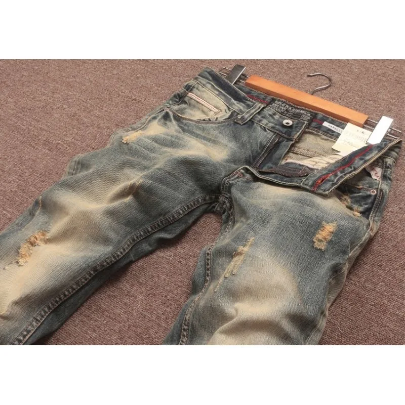 Men Jeans Ripped Jeans Ripped Patchwork Jeans Autumn and Winter Vintage Ripped Solid Color Small Foot Pants Men&rsquo;s Casual Comfort