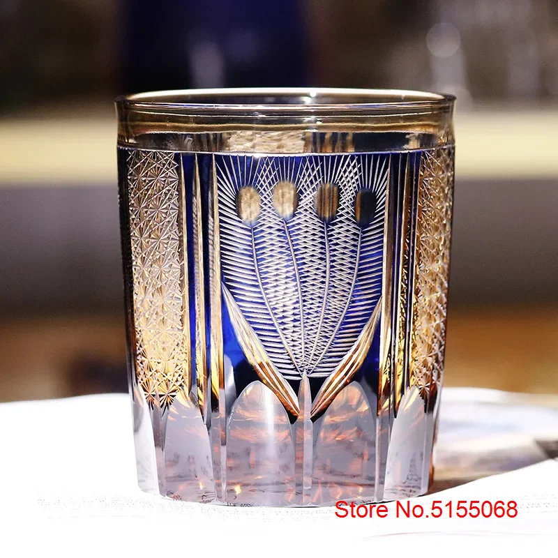 Description Picture 5 of itemJapanese Style Luxury Edo Kiriko Wine Glass Green Blue Krystal Whisky Tumbler Handmade Engraving Peacock Whiskey Drinking Cup