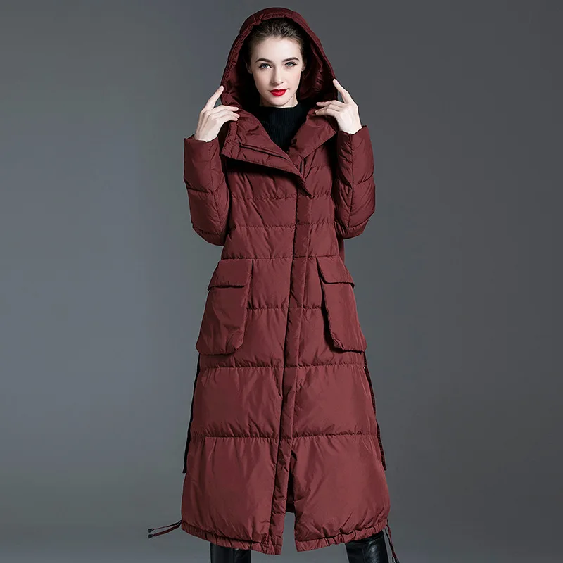 Hooded down jacket for women's 2023 winter wear, new loose fitting medium length long sleeved over knee down jacket
