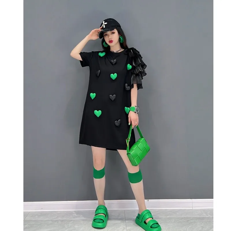 

Women Petal Sleeve Dress Loose Heart-shaped Stereoscopic Pattern Lace Splicing Irregular Dress