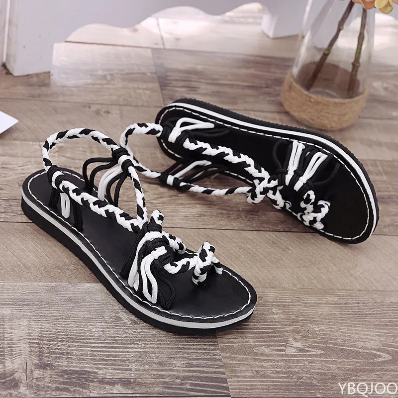 Women Sandals Summer Closed Toe Flat Romen Sandals Women Mixed Colors Rope Knot Sandals Women  Casual Beach Sandals Plus Size
