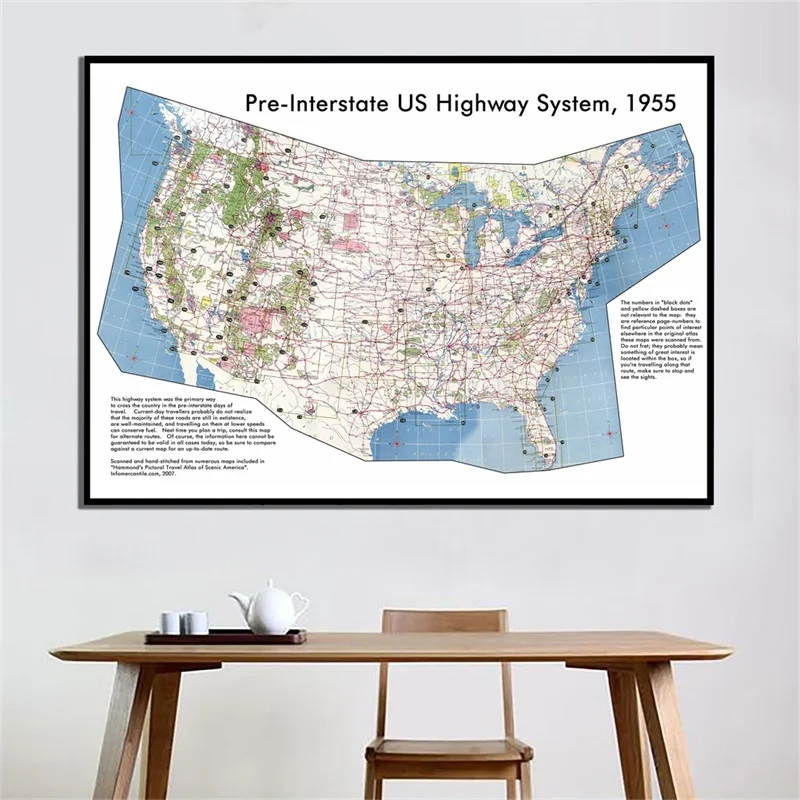 225*150cm Map of The USA Pre-Interstate American Highway System Map Living Room Home Office Decoration School Supplies