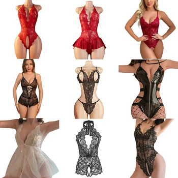 Hot Sell Crotchless Sexy Lingerie Combination Women Lace Hollow Bodysuit Teddy Babydoll Dress Deep V Open Bra Erotic Underwear