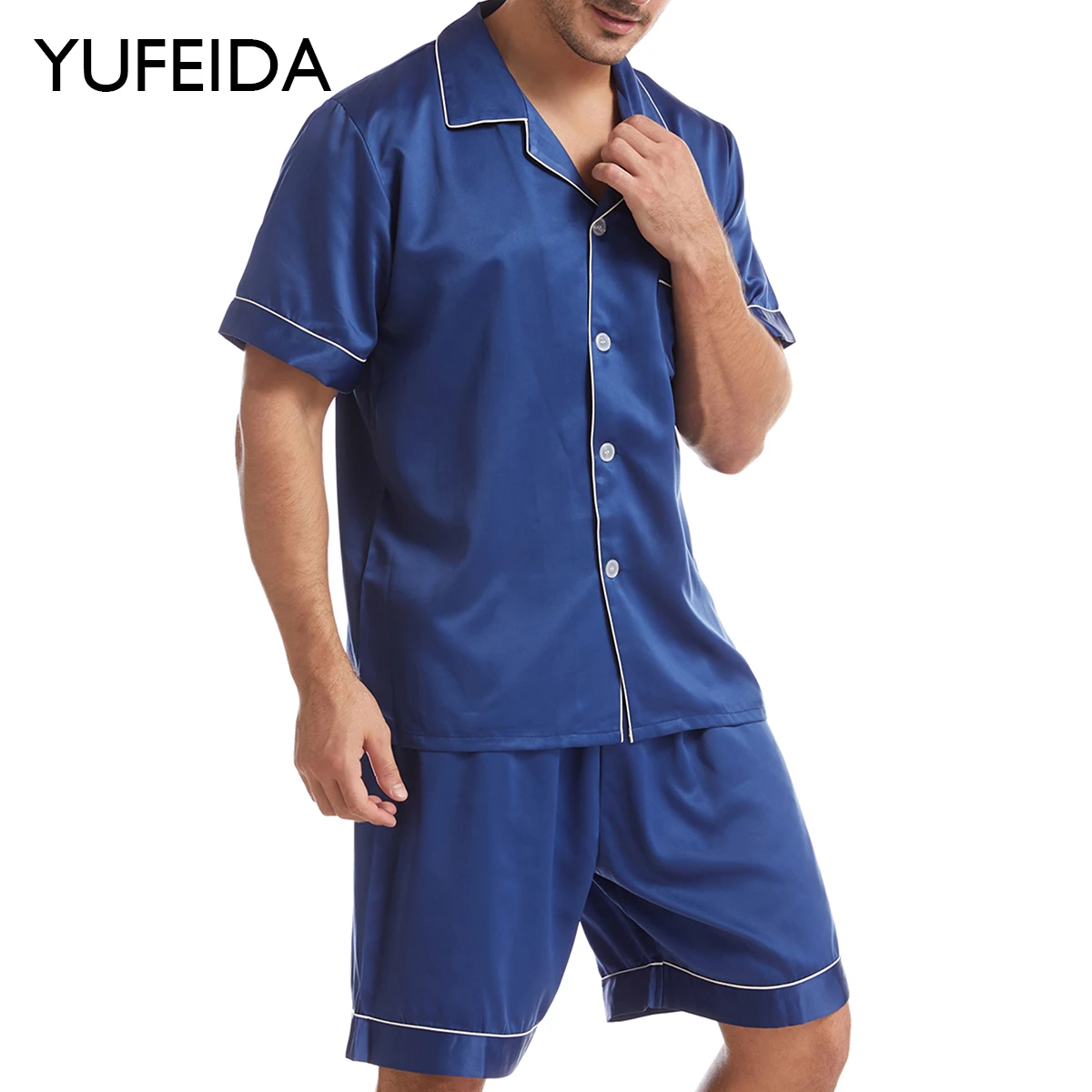 

Пижама YUFEIDA Мужская атласная, однотонный пижамный комплект, топ на пуговицах с короткими рукавами и шорты, одежда для сна, домашняя одежда, лето