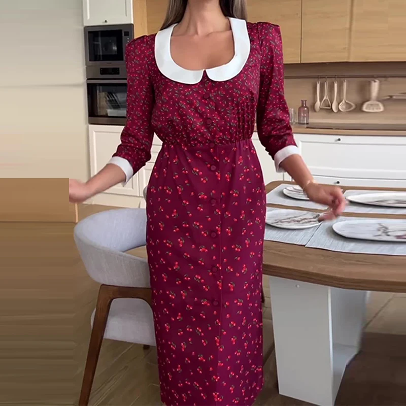 

Sweet Doll Collar Floral Print Long Party Dress Women Spring High Waist French Maxi Dress New Autumn Long Sleeve Slim Boho Dress