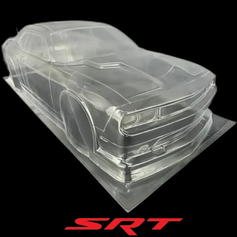 Coque PVC SRT Challenger Hellcat 1/10 RC 190mm Drift, vue de dessus avec toit et lignes de carrosserie.