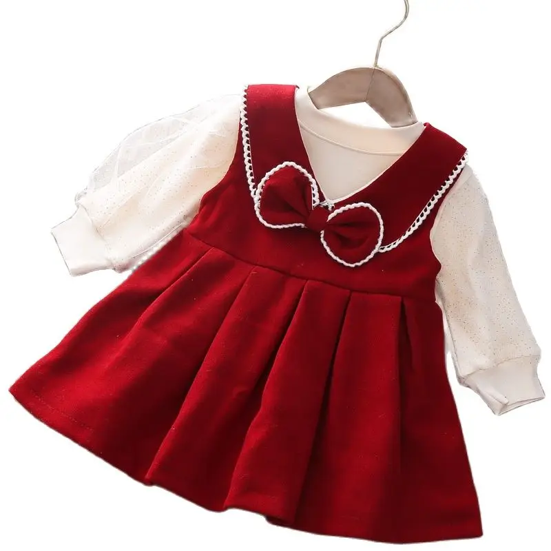 

Baby girl sweet dress plus velvet suit girl 2022 new winter clothes white lace bow 2-piece set baby princess dress 0-3 years old